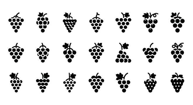 Collection of 21 stylized grape cluster icons in black, perfect for culinary or vineyard-themed designs