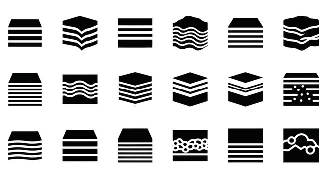 A collection of diverse layered abstract icons representing different textures and patterns
