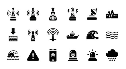 Set of nautical and weather warning icons representing buoys, radar, ships, waves, and alerts © Steven