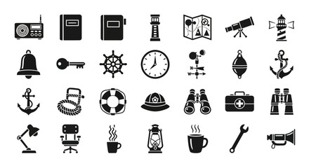 Collection of various monochrome icons representing office and travel items on a white background viewed from directly above © Steven