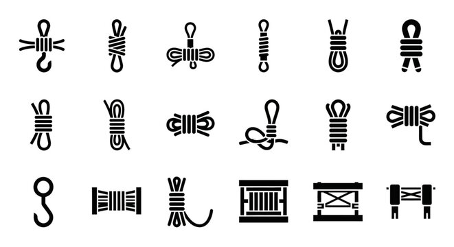 Collection of icons representing various knots, ropes, hooks, and winches for industrial, maritime, and climbing applications