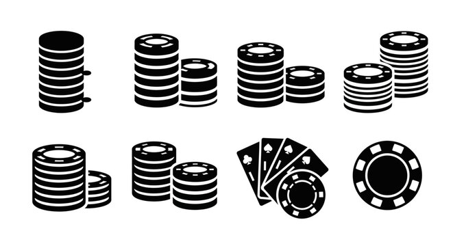 Collection of casino chip icons and stacks of poker chips, representing gambling and entertainment