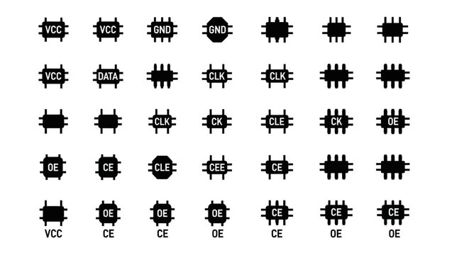 Collection of Integrated Circuit Pins and Symbols Representing Electrical Components