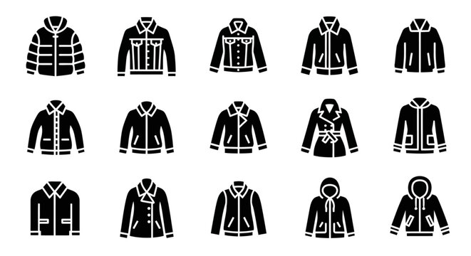 Collection of various styles of jackets and outerwear icons in a clean, modern design