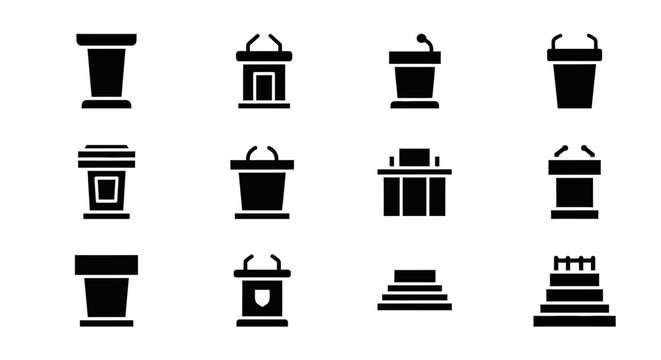 Collection of various black icon illustrations representing different architectural structures and vessels displayed on a white background from a straightforward viewpoint