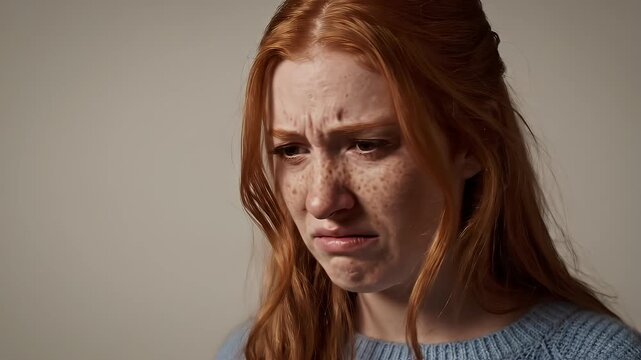 Disgusted Woman Against Neutral Background - A red-haired woman with freckles is making a face expressing disgust.