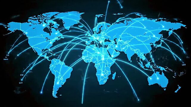 World map continents global connection network blue neon glow dark background vector illustration