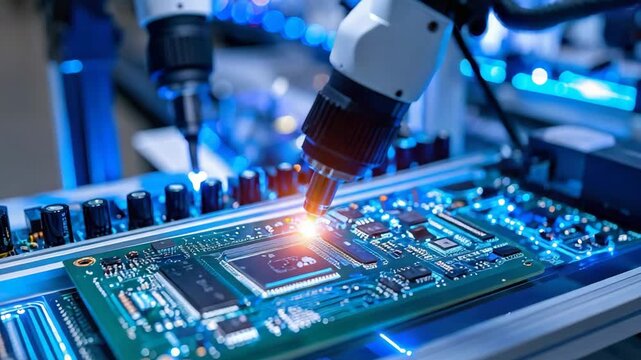 Robotic arm assembling circuit board in high-tech electronics factory
