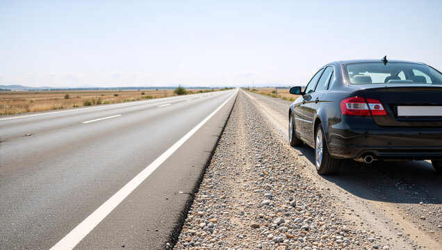 Black sedan parked on the shoulder of a long straight highway. Car stopped on the roadside in a rural landscape. Road trip and travel concept