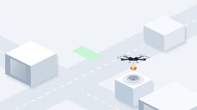 Delivery drone transporting a package over an isometric city