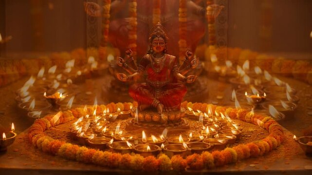 Traditional Hindu Goddess Lakshmi Idol Decorated for Akshaya Tritiya Festival with Diyas and Floral Arrangements
