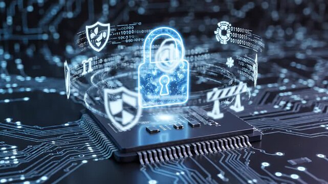 Digital padlock, shields, and binary code hover over a circuit board