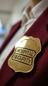 Close Up of Gold Hospital Security Badge on Maroon Uniform Blazer of Female Guard