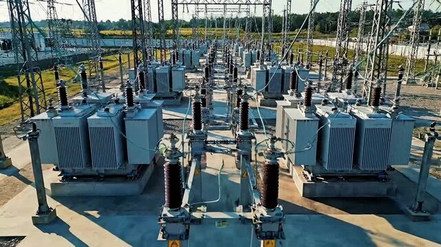 Industrial power plant with transformers and electrical grid infrastructure vector illustration flat design