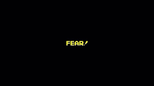 Animated 8 Bit Pixel Art Text 'Petrified Fear' for Retro Vintage Arcade Game Content on Dark Background 4k video animation seamless loop