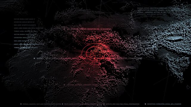 Strategic interface map highlighting Iran, Iraq and Israel with tactical coordinates and tracking data. Suitable for news graphics, geopolitics analysis, military intelligence reports
