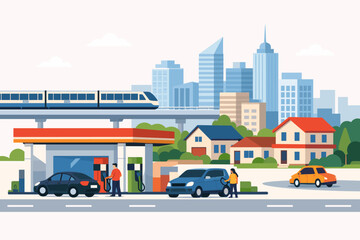 Flat vector illustration of a modern urban city landscape featuring a gas station with cars refueling, suburban houses, a high-speed metro train on an elevated track, and a tall city skyline. © Sanjit