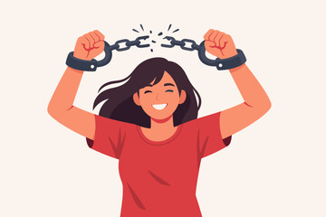 Empowered Young Woman Breaking Handcuffs and Metal Chains Vector Illustration Representing Freedom Liberation Independence and Success in a Simple Flat Design Style on a Light Background © Sanjit