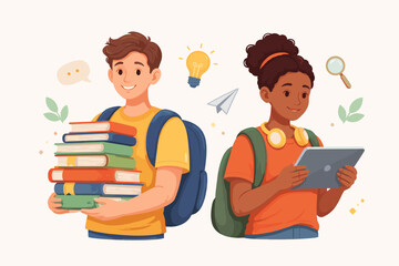 Flat vector illustration of two diverse students, a boy carrying a large stack of books and a girl using a digital tablet for e-learning, featuring educational icons like a lightbulb and magnifying © Sanjit