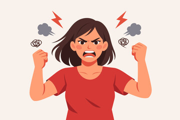 Angry woman feeling frustrated and furious with clenched fists and shouting expression. Flat vector illustration of female character showing rage, stress, and negative emotions on light background. © Sanjit