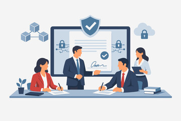 Business people signing a smart contract for secure digital agreement. Flat vector illustration of professional team using blockchain technology for legal document verification and protection. © Sanjit