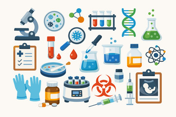 Comprehensive collection of healthcare and laboratory icons in flat vector style featuring microscope, DNA helix, test tubes, syringe, medicine, biohazard symbol, centrifuge, and ultrasound. © Sanjit