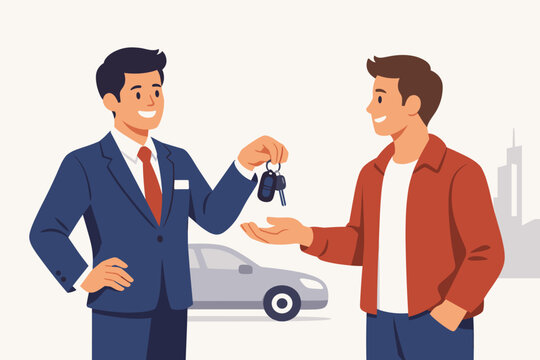 Car salesman in a suit handing over keys to a happy customer in a red jacket, flat vector illustration of an automobile purchase, rental deal, or dealership transaction with a car background.