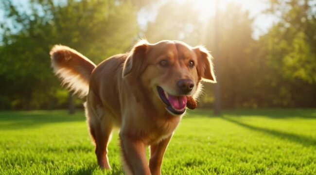 Golden Retriever Running Happy Dog Park Grass Sunlight 4K HD Ultra Video