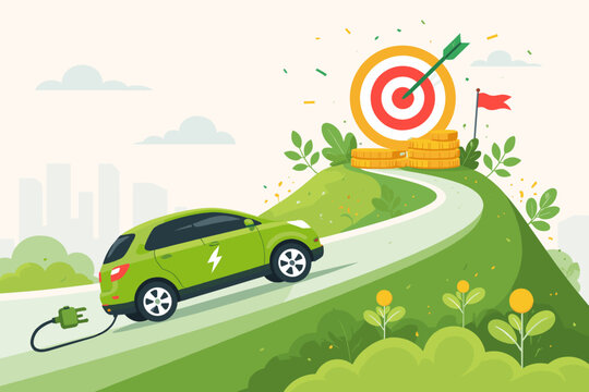 Green electric vehicle driving uphill to a bullseye target with gold coins, representing sustainable business goals, environmental investment, clean energy success, and eco-friendly transport.
