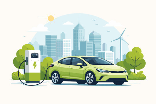 Flat vector illustration of a green electric car charging at a station in a modern city with skyscrapers and wind turbines, representing sustainable eco-friendly transportation and clean energy.