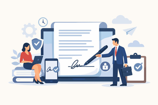 Business people signing digital contract or electronic document with electronic signature on laptop screen, businessman and businesswoman using e-signature technology for legal agreement online.