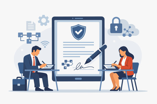 Businesspeople Signing a Smart Contract on Digital Tablets, Flat Vector Illustration of Electronic Signature, Blockchain Technology, Secure Legal Agreement, Paperless Office, and Cybersecurity