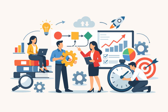 Business team working on workflow management and process optimization. Flat vector illustration of professionals collaborating on project efficiency, strategy, and growth with data and icons.