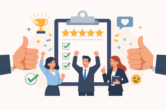 Business people celebrating excellent service evaluation with five stars rating on clipboard and giant thumbs up gesture. Team of professionals achieving success, positive feedback, and high customer