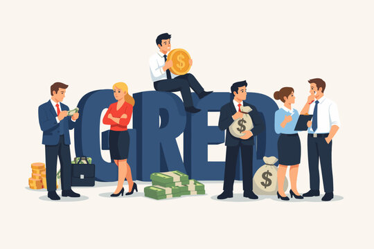 Business People and Corporate Professionals Standing Around the Word Greed Holding Money Bags Gold Coins and Cash Bundles, Flat Vector Illustration of Wealth Corruption and Financial Capitalism.