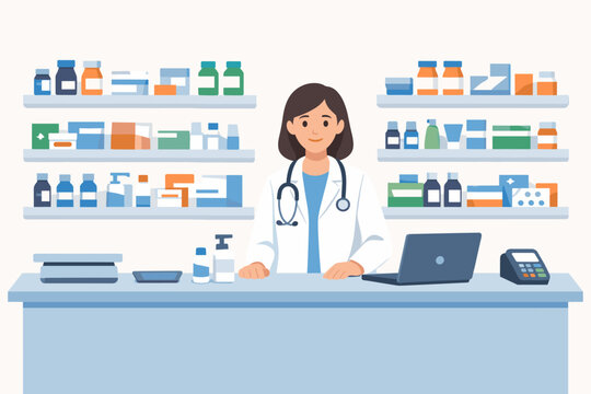 Flat Vector Illustration of a Professional Female Pharmacist in a White Coat with a Stethoscope Standing Behind a Pharmacy Counter with Shelves Full of Medicine Bottles and Medical Supplies.