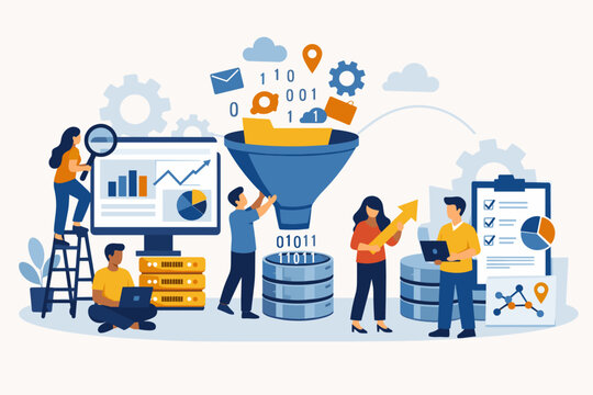 Big Data Analysis and Information Processing Flat Vector Illustration with People Managing Digital Analytics, Database Storage, Data Filtering Funnel, and Business Growth Statistics on Background