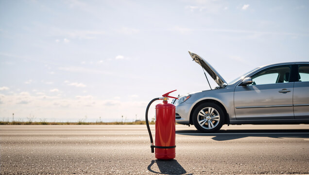 Red fire extinguisher on a highway in front of a car with an open hood. Roadside emergency and vehicle fire safety concept. Car breakdown on the shoulder