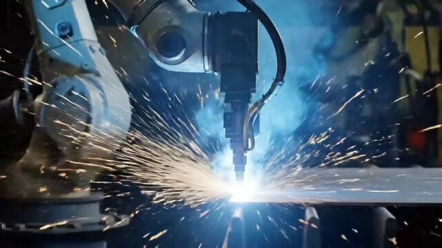 Industrial welding sparks on metal plate with bright blue light vector illustration flat design