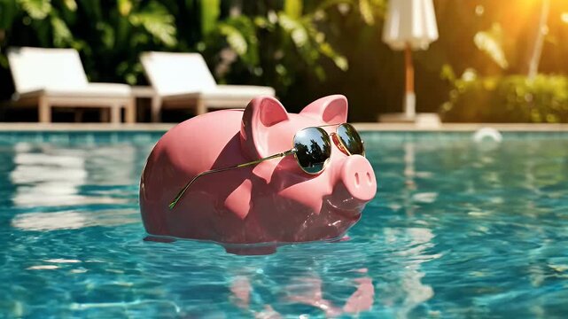A pink piggy bank wearing sunglasses floats in a pool with lounge chairs