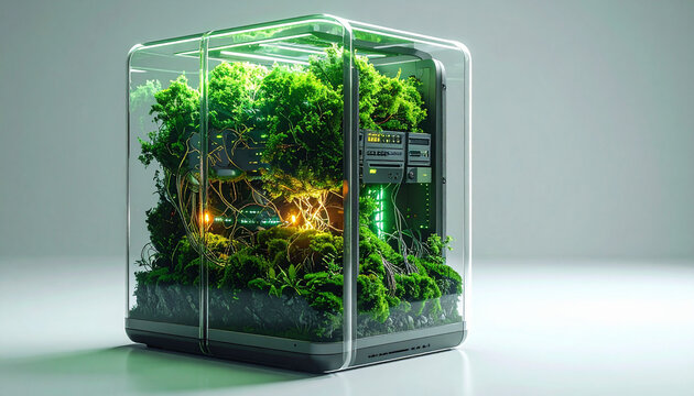 Futuristic Eco-Friendly Computer Case with Lush Green Forest Inside for Sustainable Tech Concept
