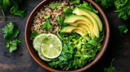Obraz premium Top view of a healthy salad bowl with avocado, quinoa, greens, and lime slices