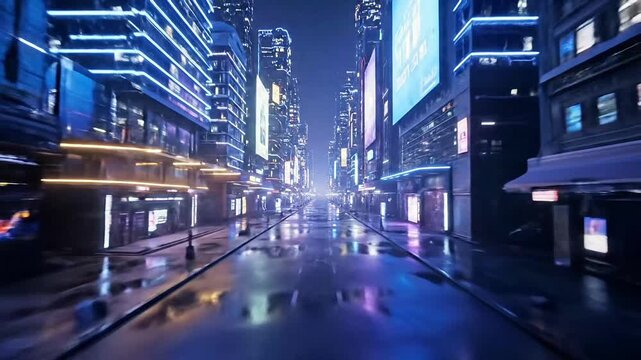Futuristic cityscape at night with neon lights and skyscrapers modern urban scene vector illustration