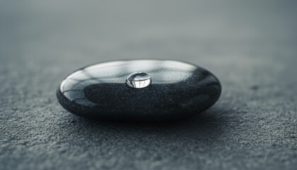 Water Droplet Resting On A Smooth Dark Stone Against A Textured Grey Background