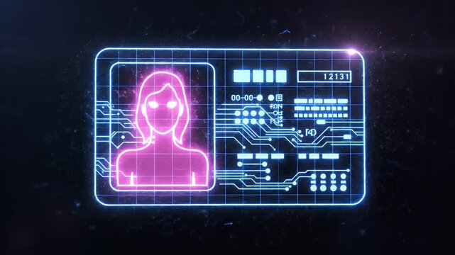 Futuristic ID Card Hologram - This video features a futuristic ID card hologram. The card displays a silhouette of a person in pink against a neon blue circuit board design on a black background.