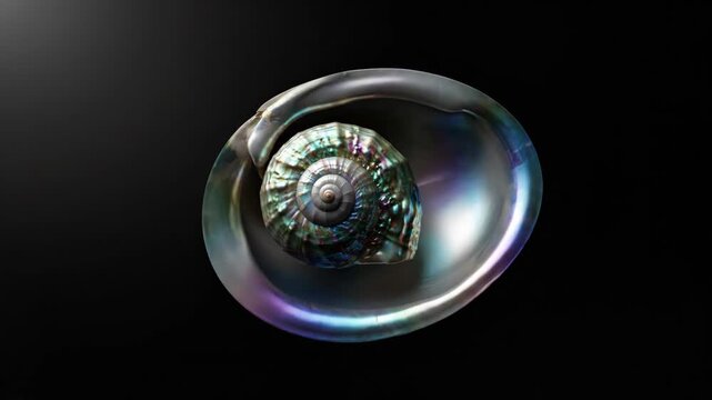 Ammonite Fossil Shell Rotating on Black Background.