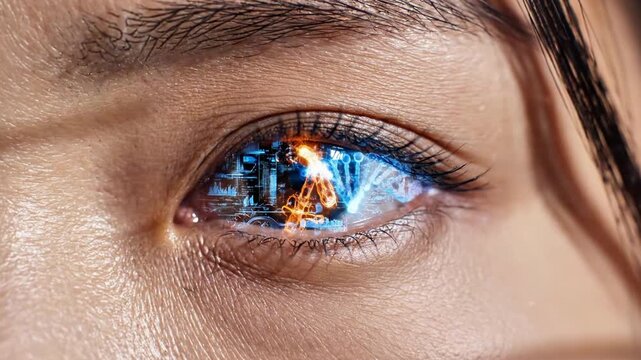 A close-up of a human eye with a blue and orange digital circuit pattern overlay