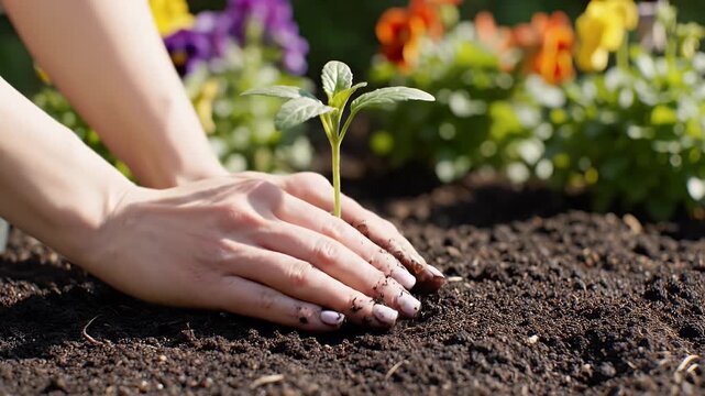 Planting a Young Plant - A close-up shot of hands carefully planting a young plant in soil, surrounded by colorful blurred flowers in the background.