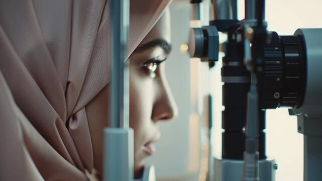 Optometrist performing an eye exam on a young Muslim woman using an autorefractor in a modern clinic, representing professional eye care, medical technology, and vision testing.