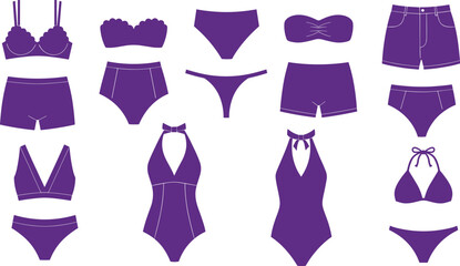 Women swimwear and lingerie vector collection, bikini, bra, panties, one piece swimsuit silhouettes set, fashion apparel icons isolated